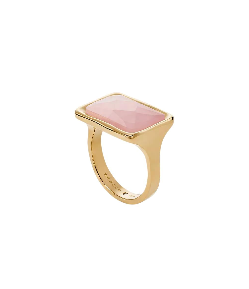 Skagen rose quartz ring, gold-tone band with square pink gemstone top