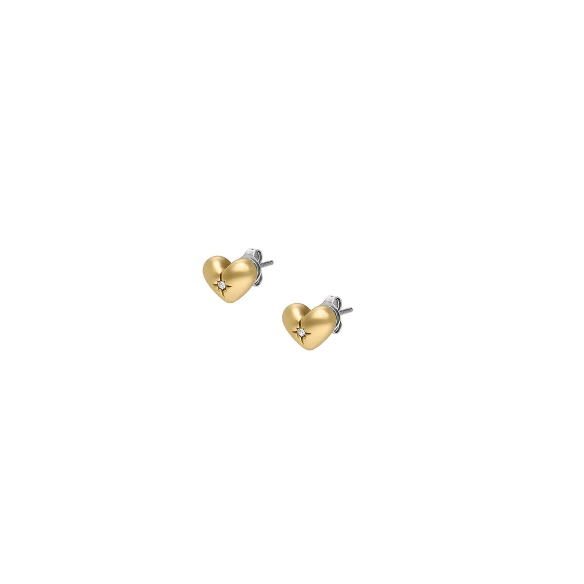 Gold-tone heart stud earrings with small gemstone detail and visible back posts