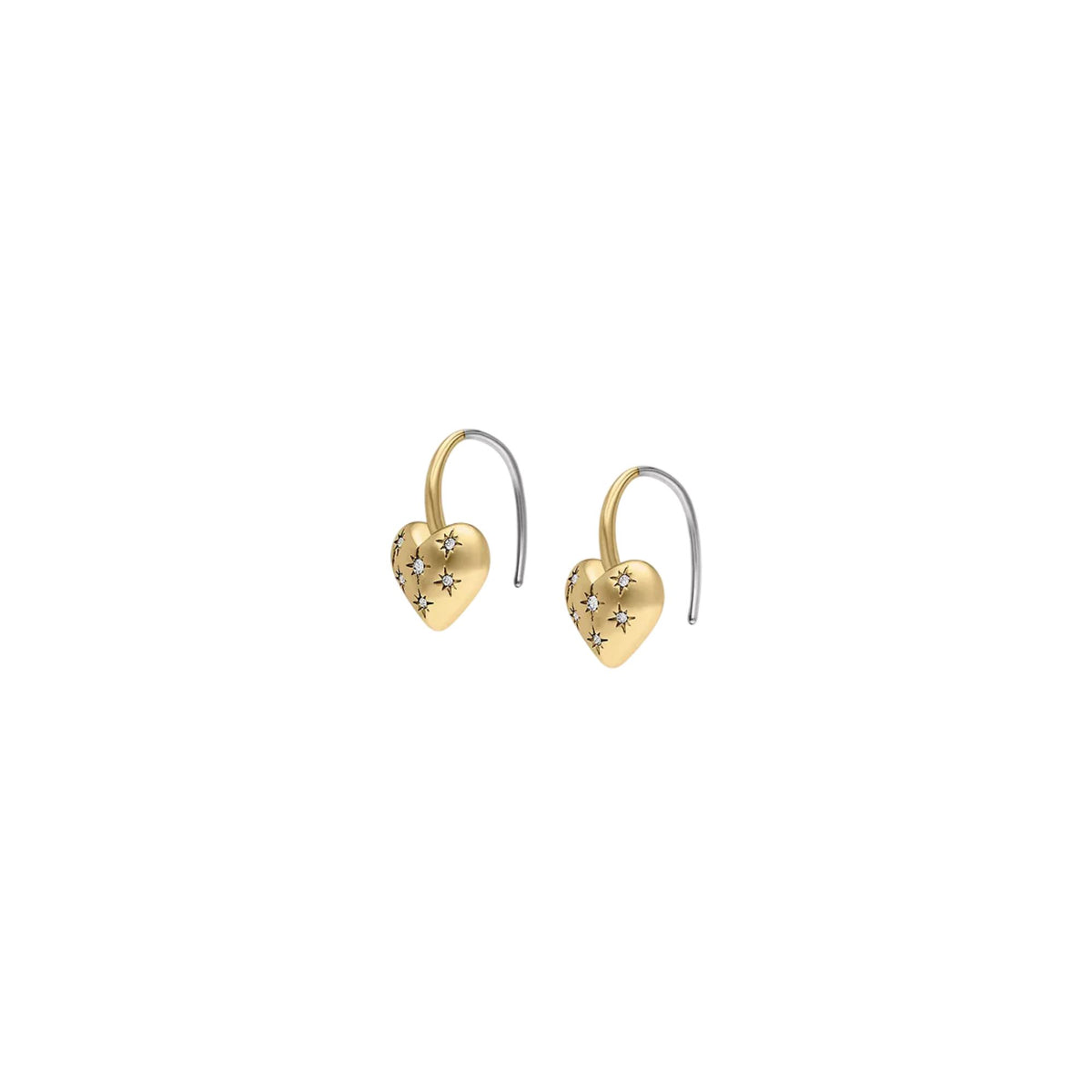 Gold-tone heart drop earrings with starburst pattern and smooth hoop hooks.