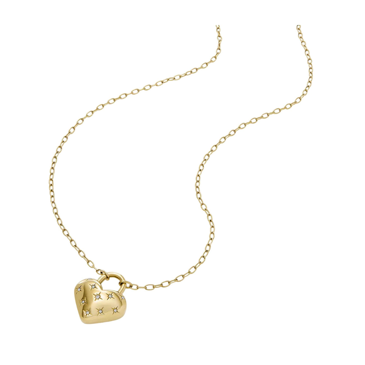 Gold-tone heart pendant on a long linked chain with small star inlays