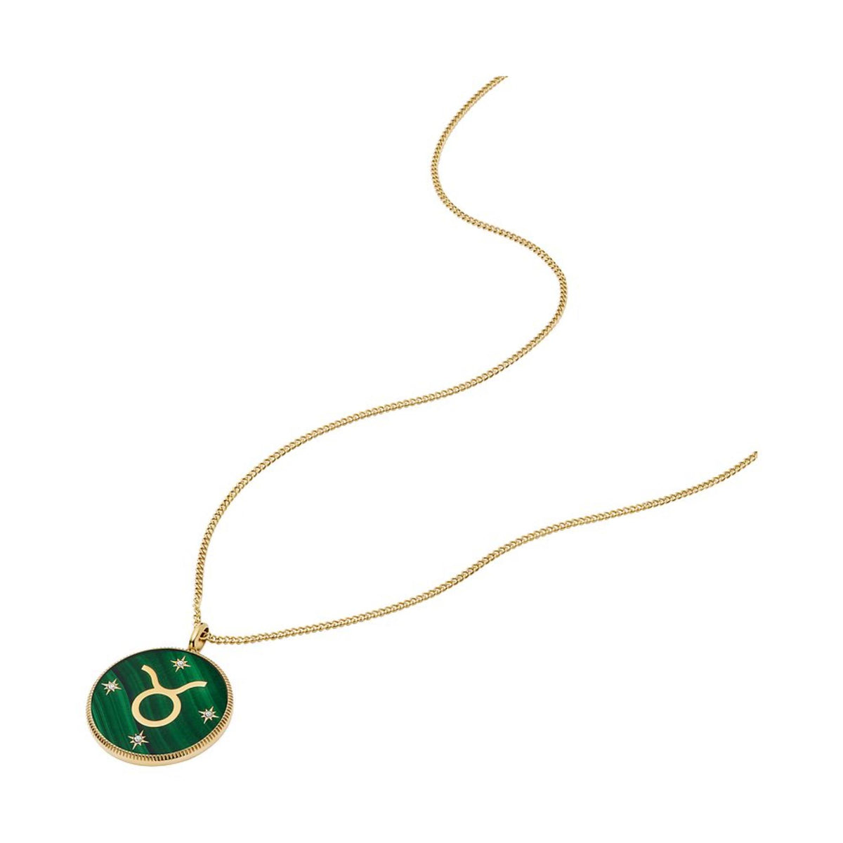 Gold-tone chain necklace with green Taurus medallion pendant and star accents