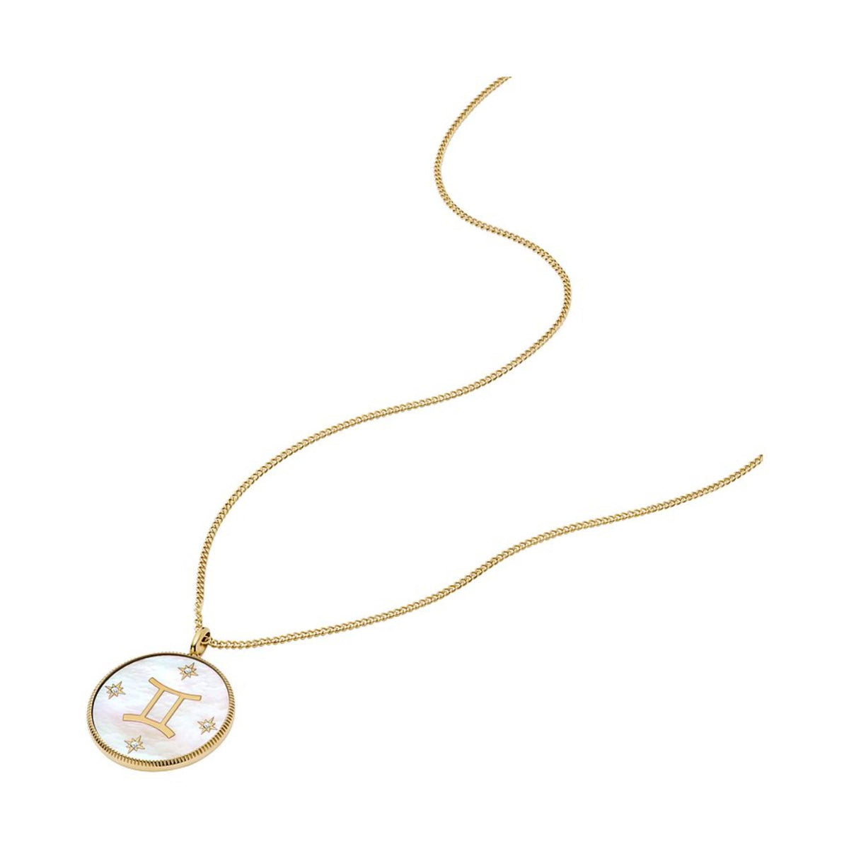 Gold-tone long chain necklace with round white mother-of-pearl Gemini pendant and stars