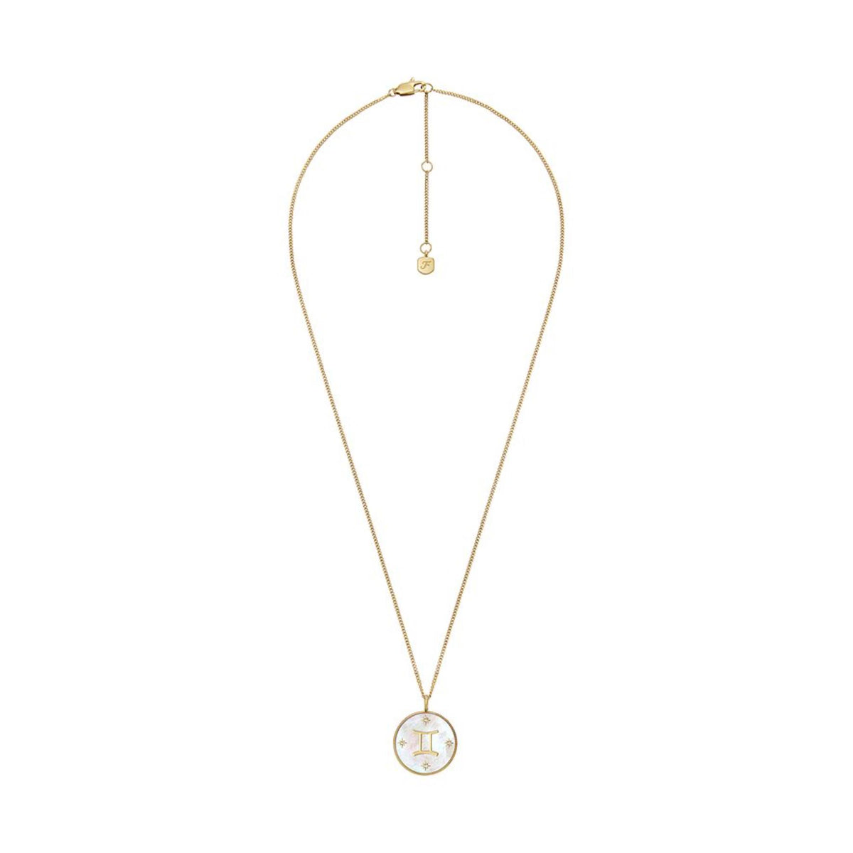 Gold-tone Y-link pendant necklace with round white mother-of-pearl Gemini charm