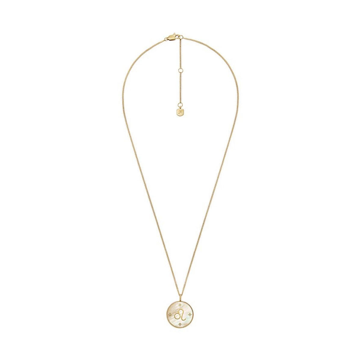 Gold-tone pendant necklace back view with round mother-of-pearl charm and short drop