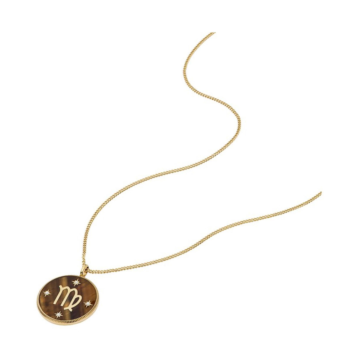 Gold-tone thin chain necklace with round Virgo pendant featuring star accents