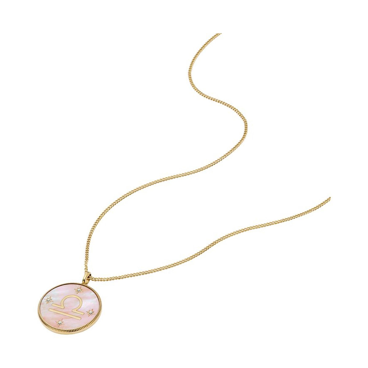 Gold-tone necklace with round pink mother-of-pearl Libra pendant charm