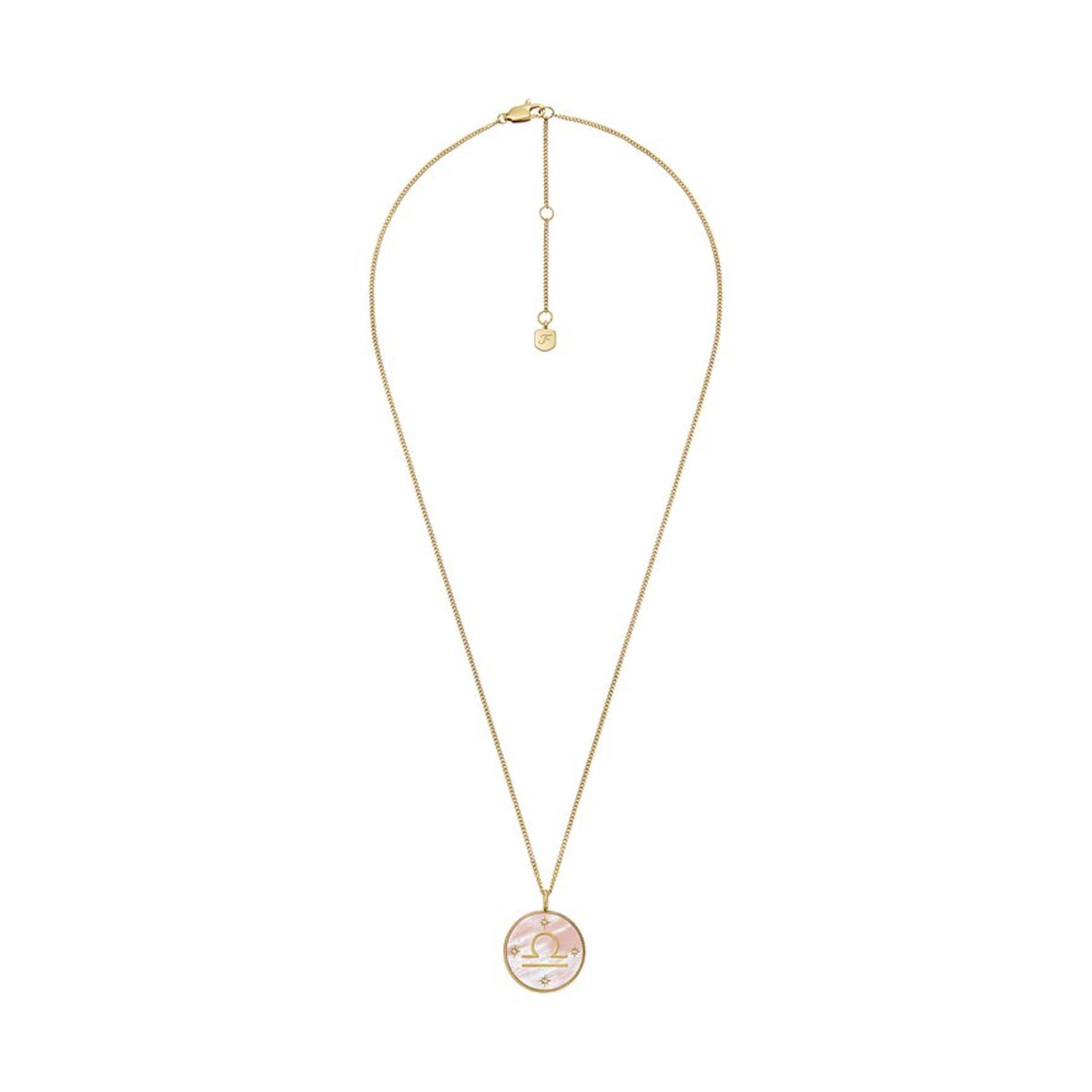 Gold-tone long necklace with round pink mother-of-pearl Libra pendant charm