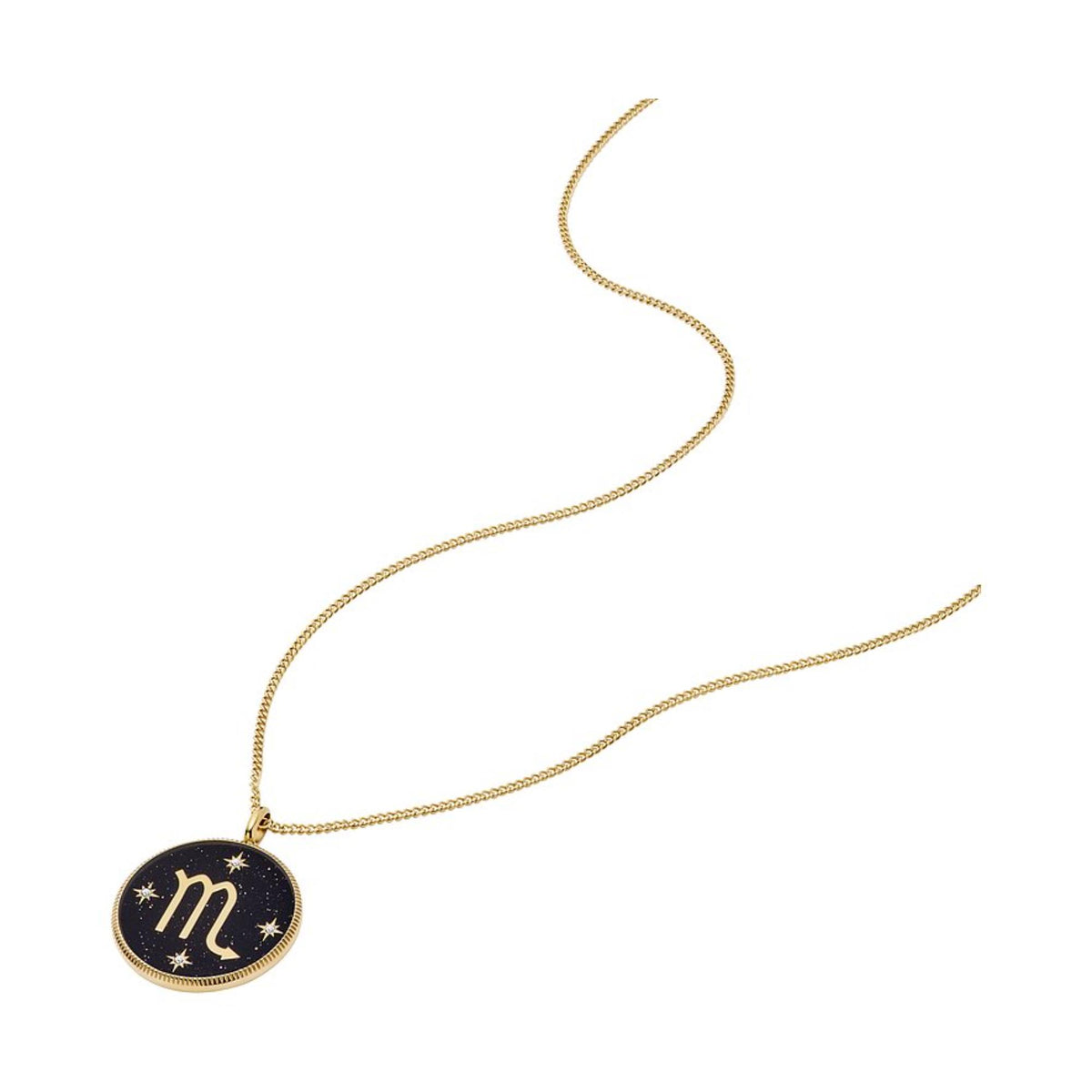 Gold-tone chain necklace with round black Scorpio pendant and star details