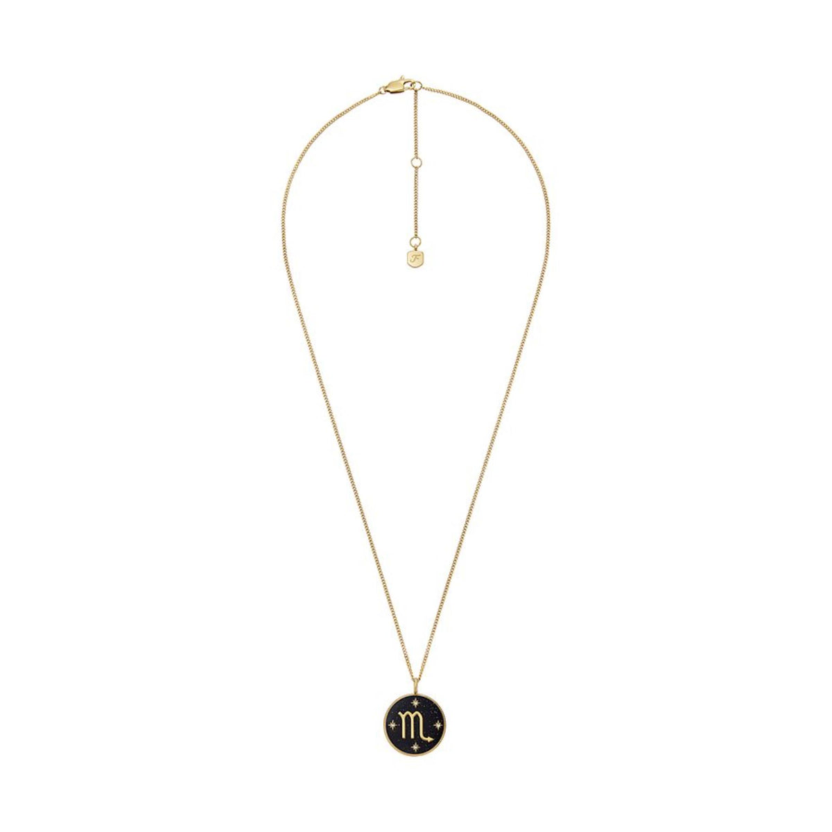 Gold-tone long necklace with round black Scorpio pendant at the bottom