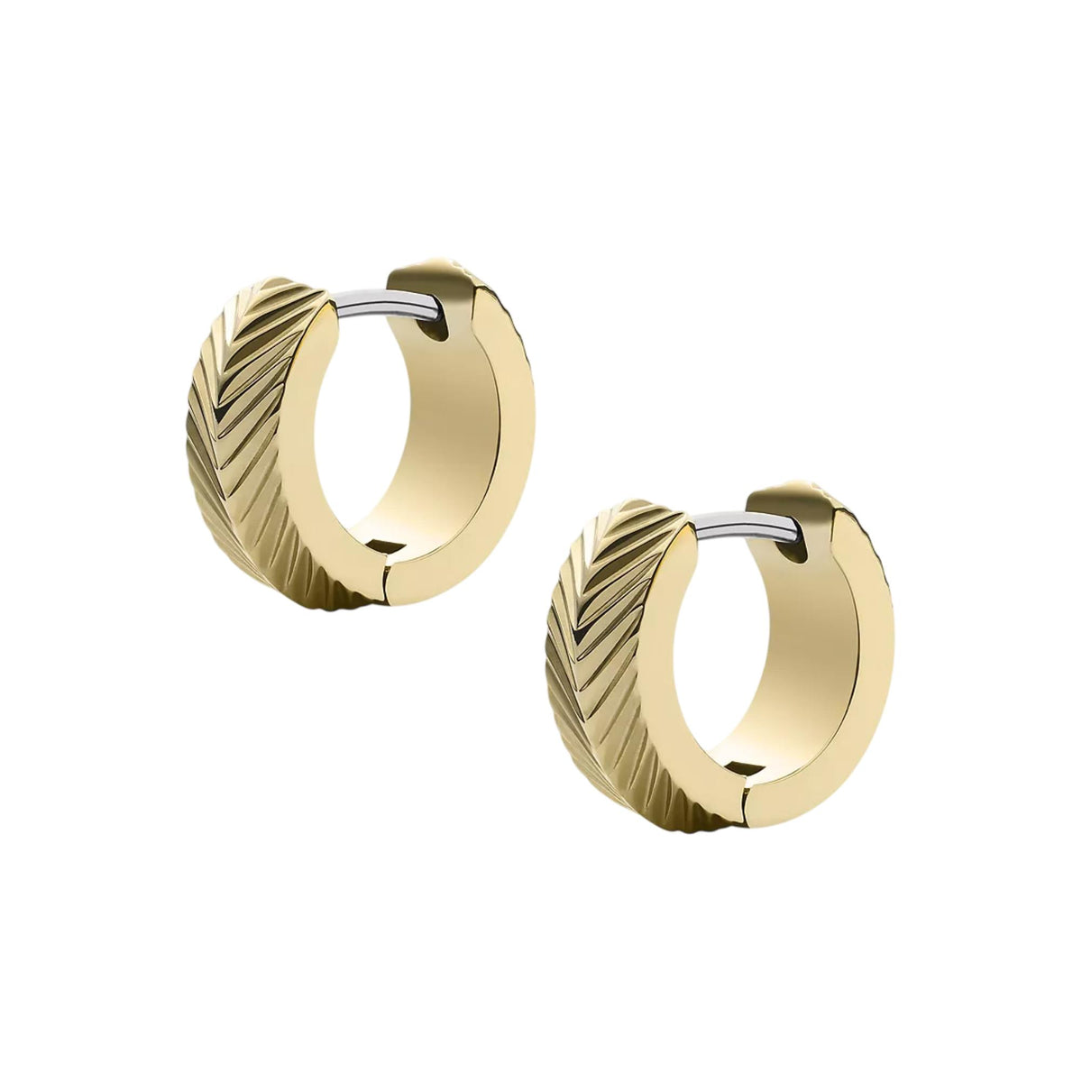 Gold textured huggie hoop earrings with linear chevron ridges