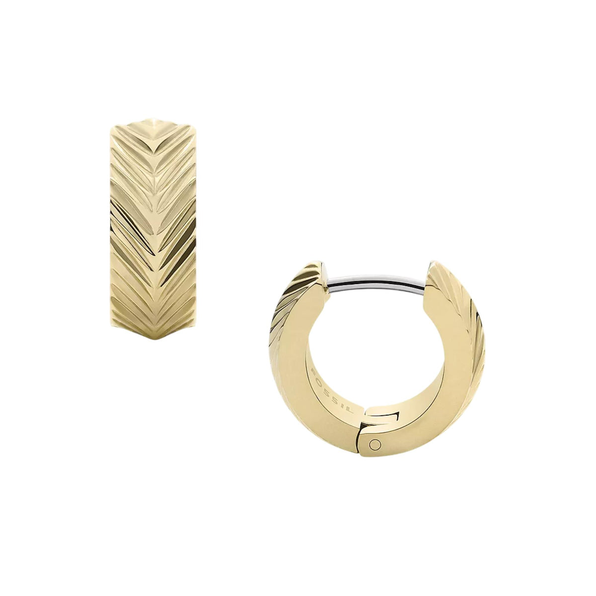 Gold huggie hoop earring with textured linear chevron side profile