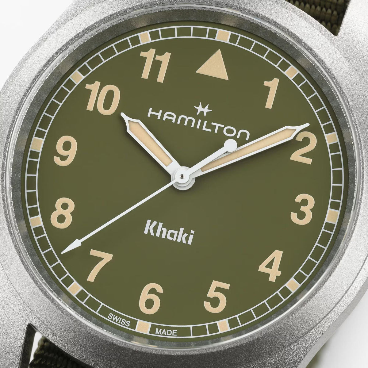 Hamilton Khaki Field H69401960 green dial with Arabic numerals and minute track close-up