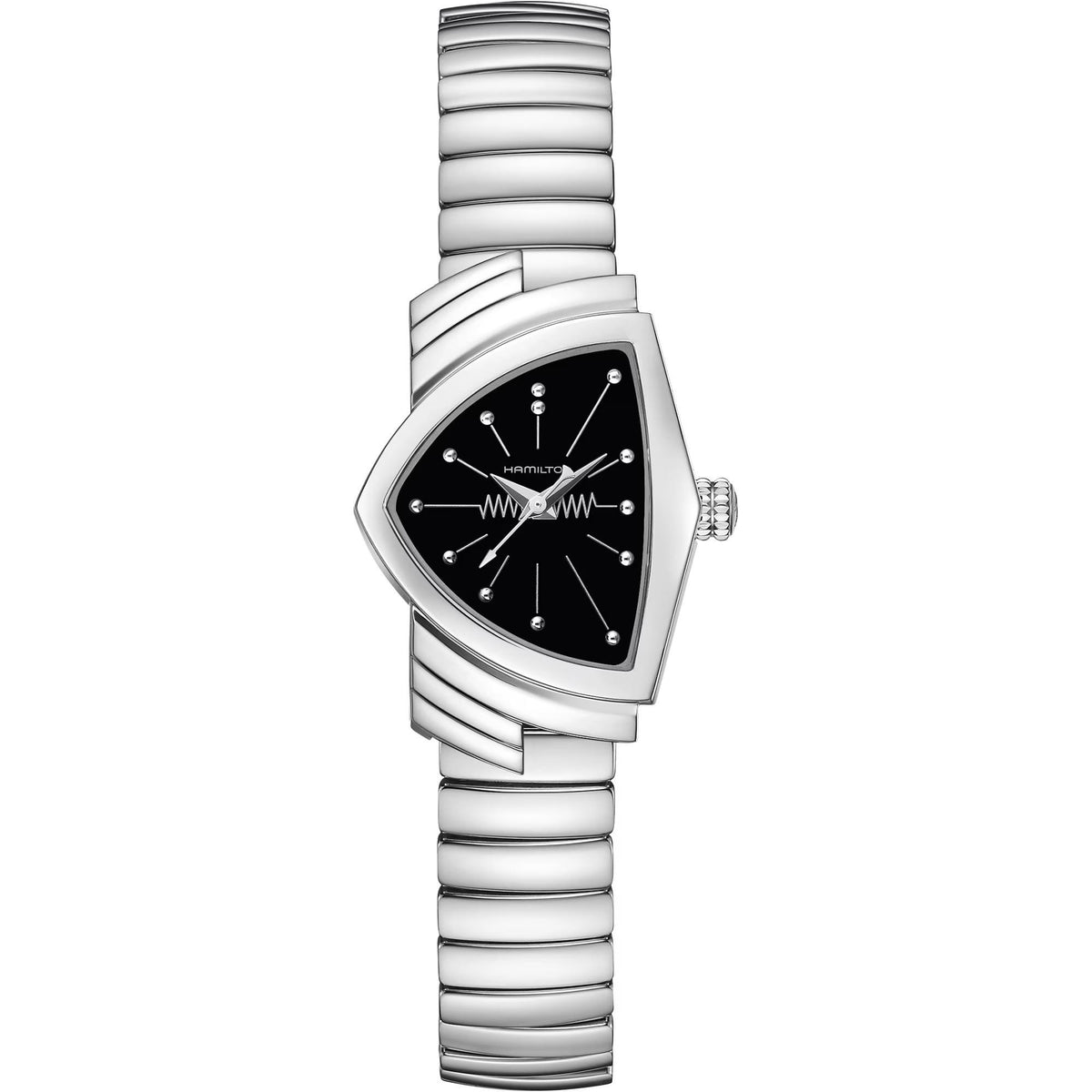 Stainless steel ladies quartz watch with black dial, triangular case, link bracelet