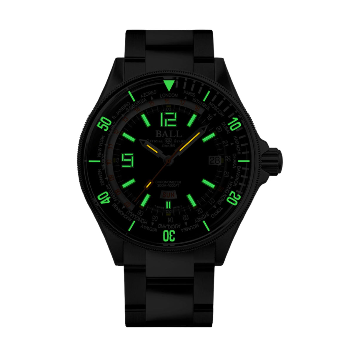 Men's automatic diver watch with black dial and black stainless bracelet, green accents