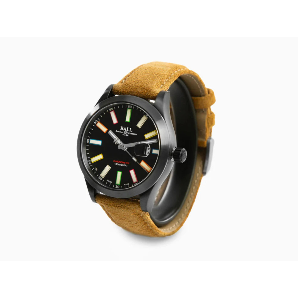 Men's automatic watch with black case and black dial, rainbow markers, tan suede-style strap