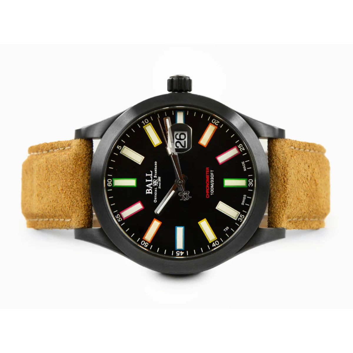 Men's automatic watch with black dial, rainbow markers, and tan leather strap, date window