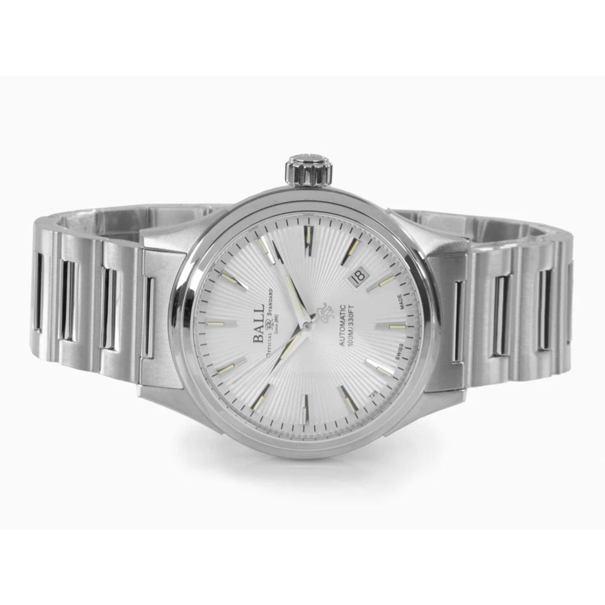 Men's automatic wristwatch with silver textured dial and metal bracelet, side view