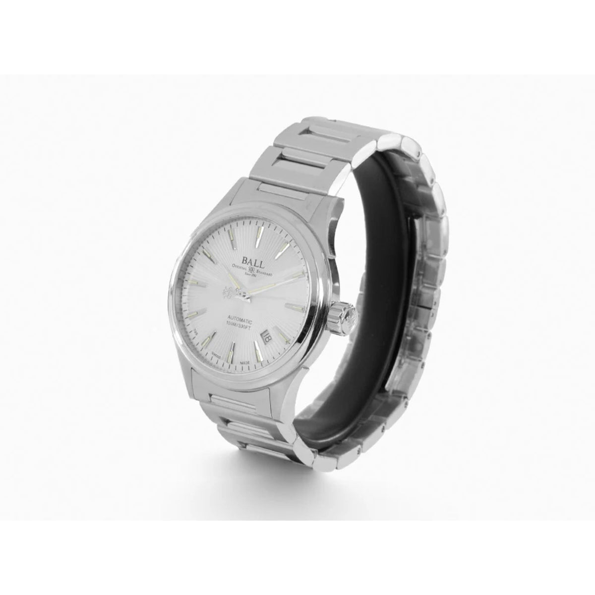 Men's automatic wristwatch with silver dial and metal case, angled side profile