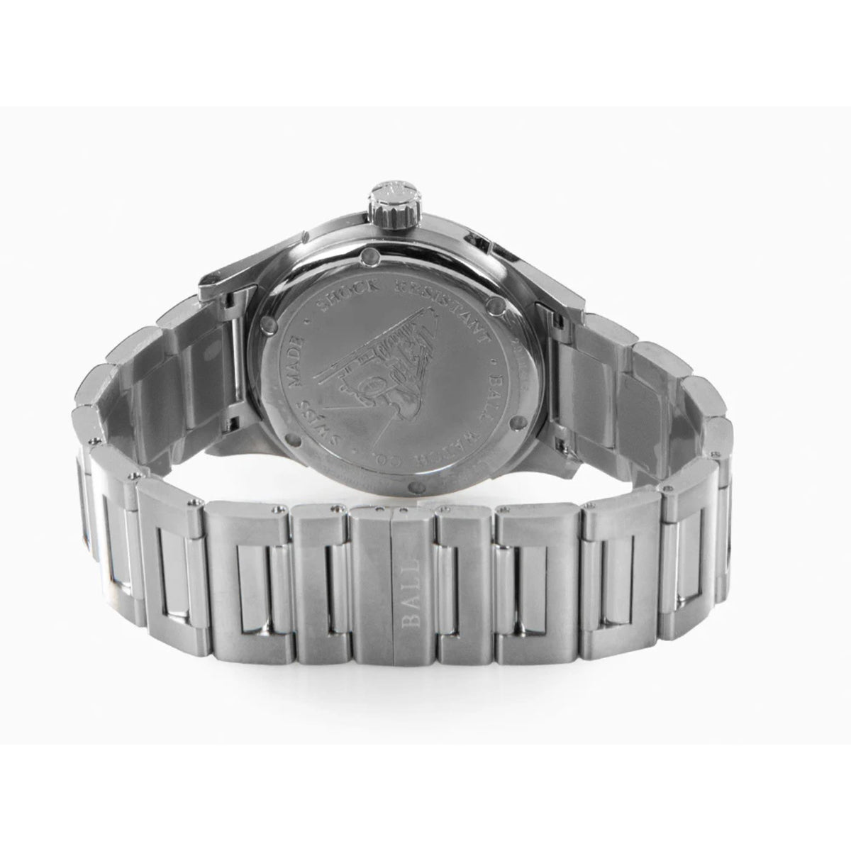 Men's automatic wristwatch with engraved caseback and metal link bracelet, back view