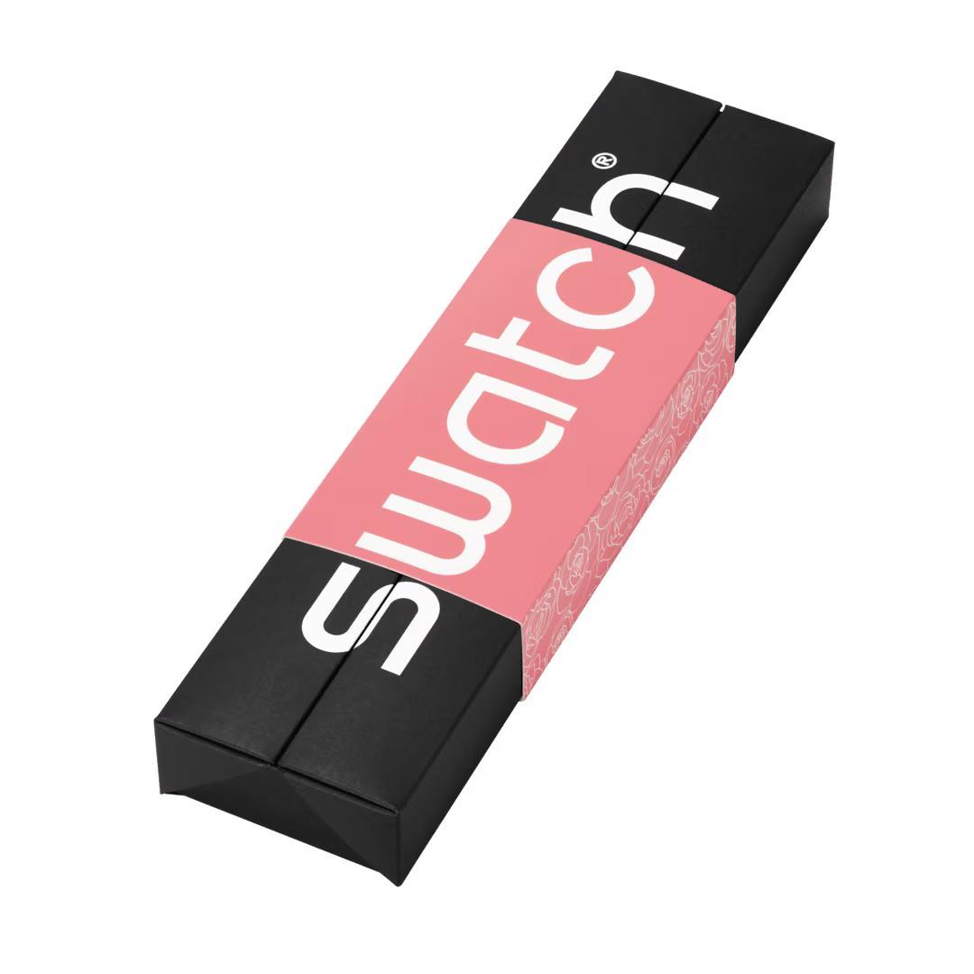 Swatch pink watch gift box with black wrap and large pink logo