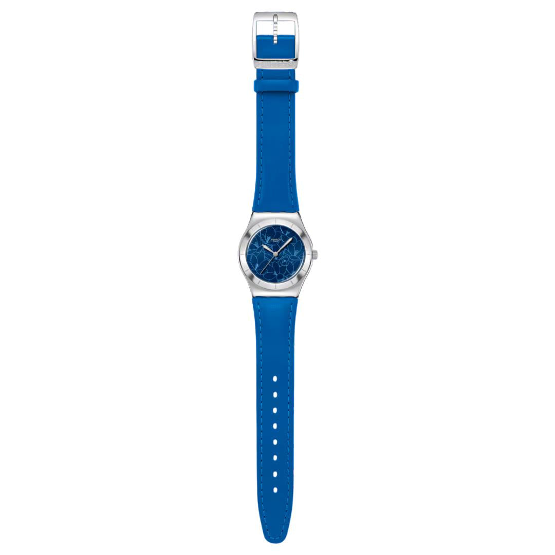 Blue leather strap watch standing front view, blue floral dial and silver-tone case