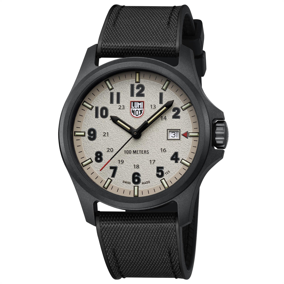 Grey-beige dial field watch with black case, luminous markers, date window, fabric strap