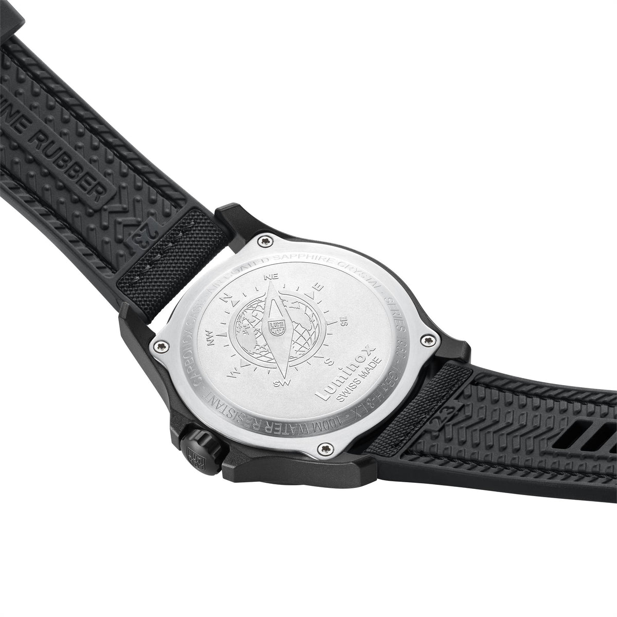 Black sport watch with textured rubber strap and metal caseback with engraved markings