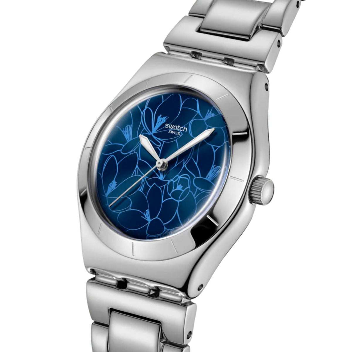Swatch silver steel wristwatch with blue floral dial and side crown
