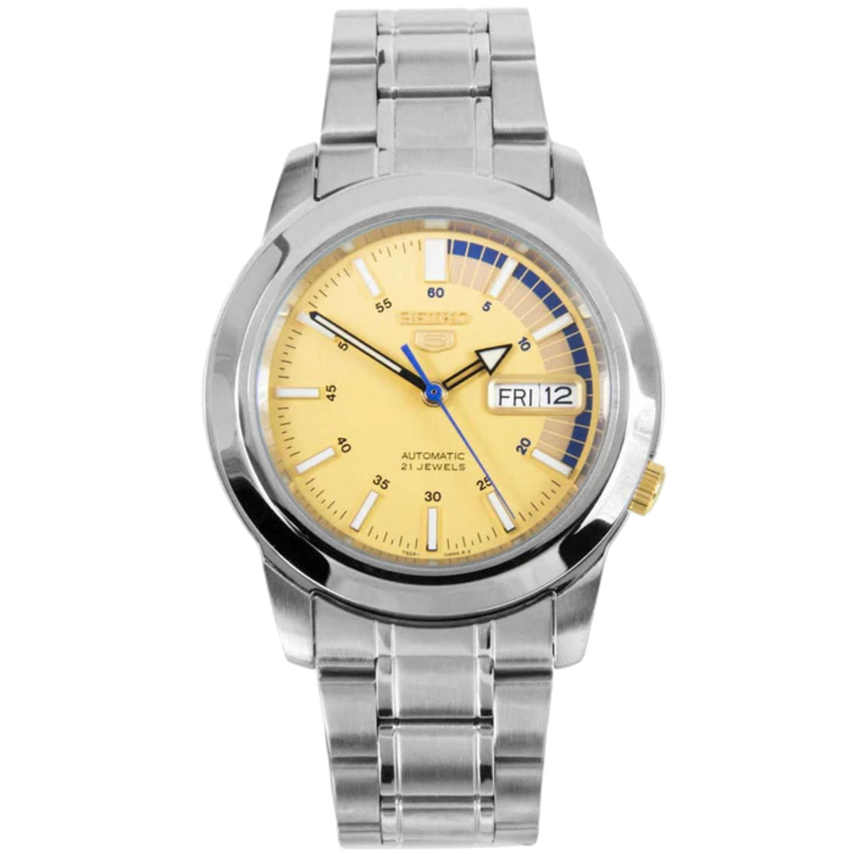 Men's automatic wrist watch, gold dial, stainless steel bracelet, blue accents