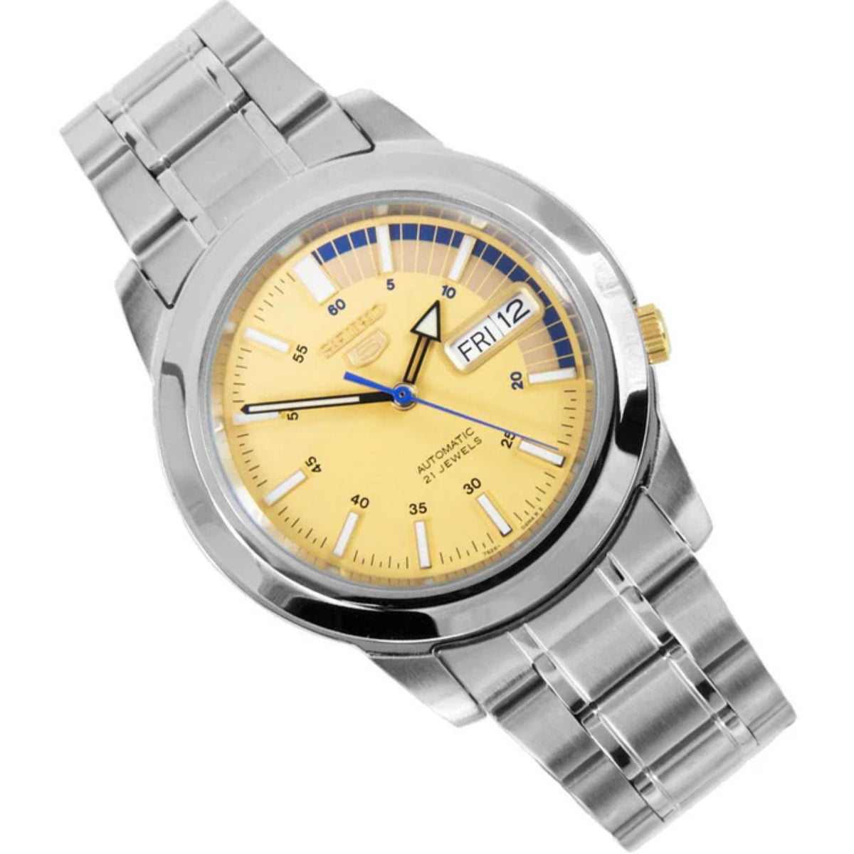 Men's automatic wrist watch, gold dial, stainless steel bracelet, day-date window