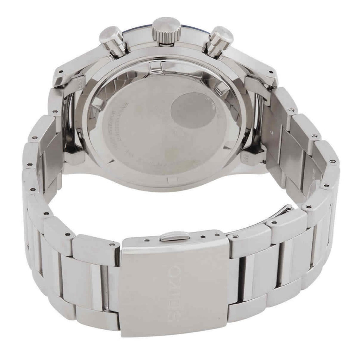 Full rear view of Seiko SSB445P1 chronograph showing caseback and stainless steel bracelet