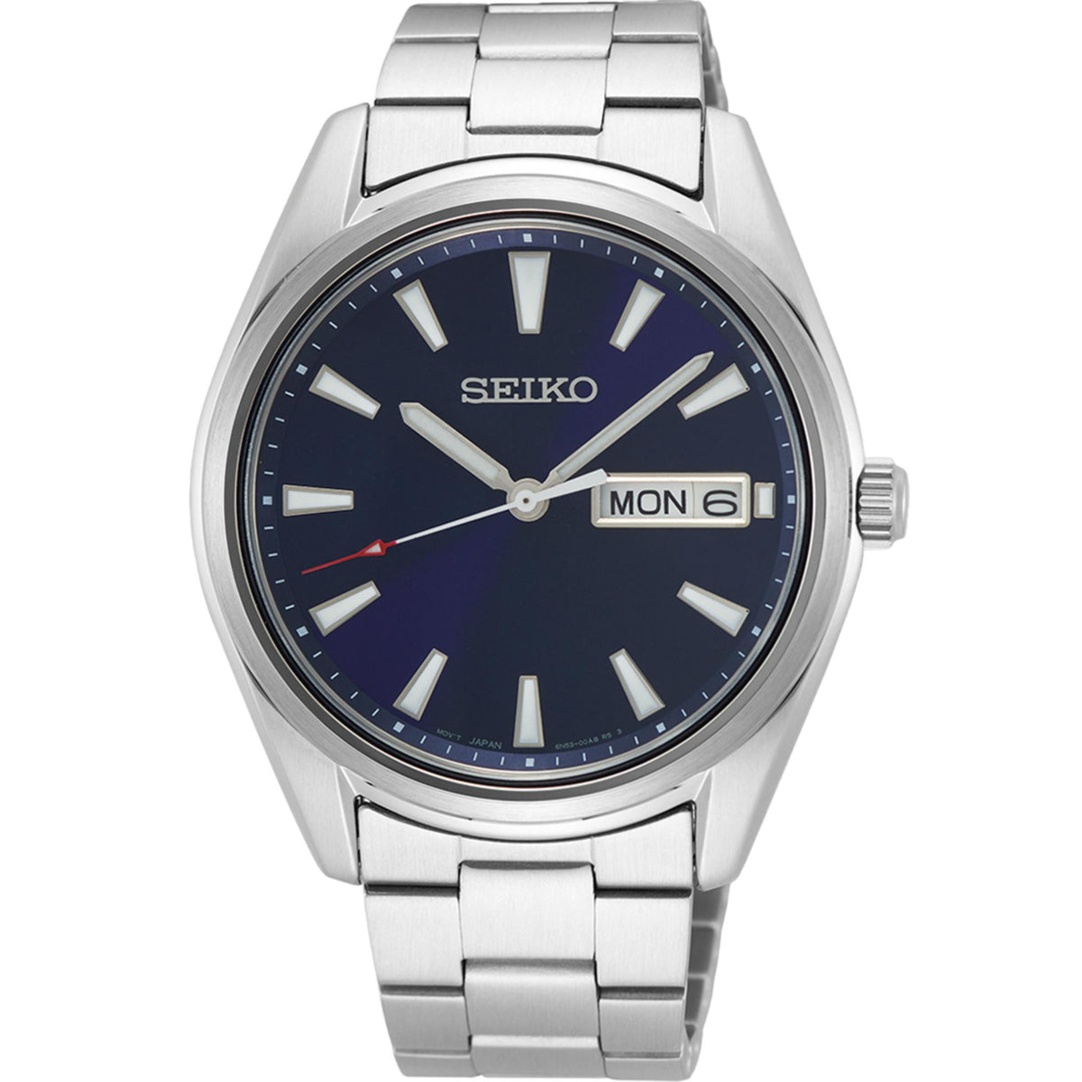Stainless steel men's quartz watch with blue dial and day-date window, metal bracelet