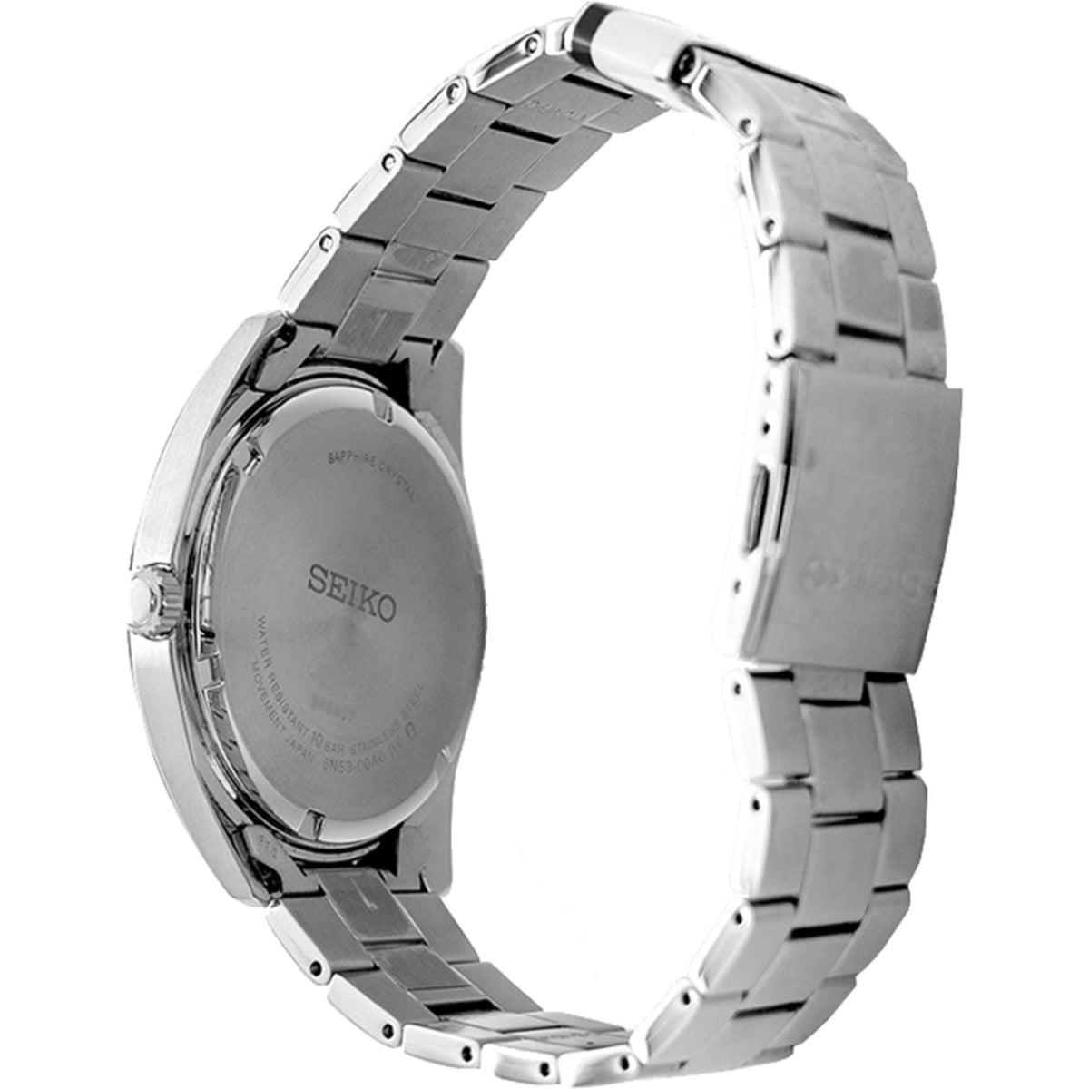 Stainless steel watch case with engraved back and metal link bracelet, side view