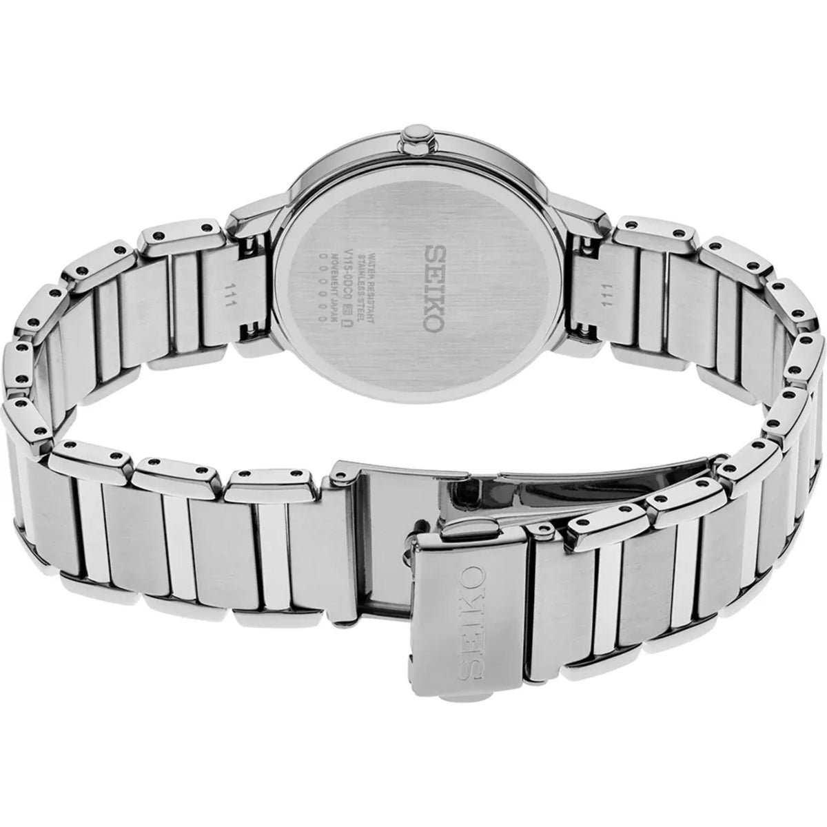 Silver stainless steel watch case back and bracelet links, engraved Seiko logo