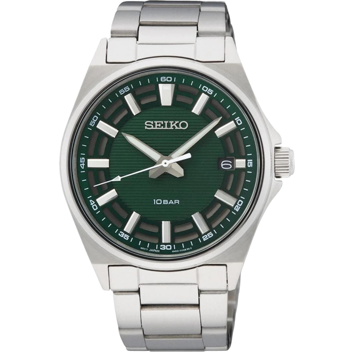 Front view of the Seiko Essentials SUR503P1 watch showcasing its textured deep green dial and stainless steel bracelet