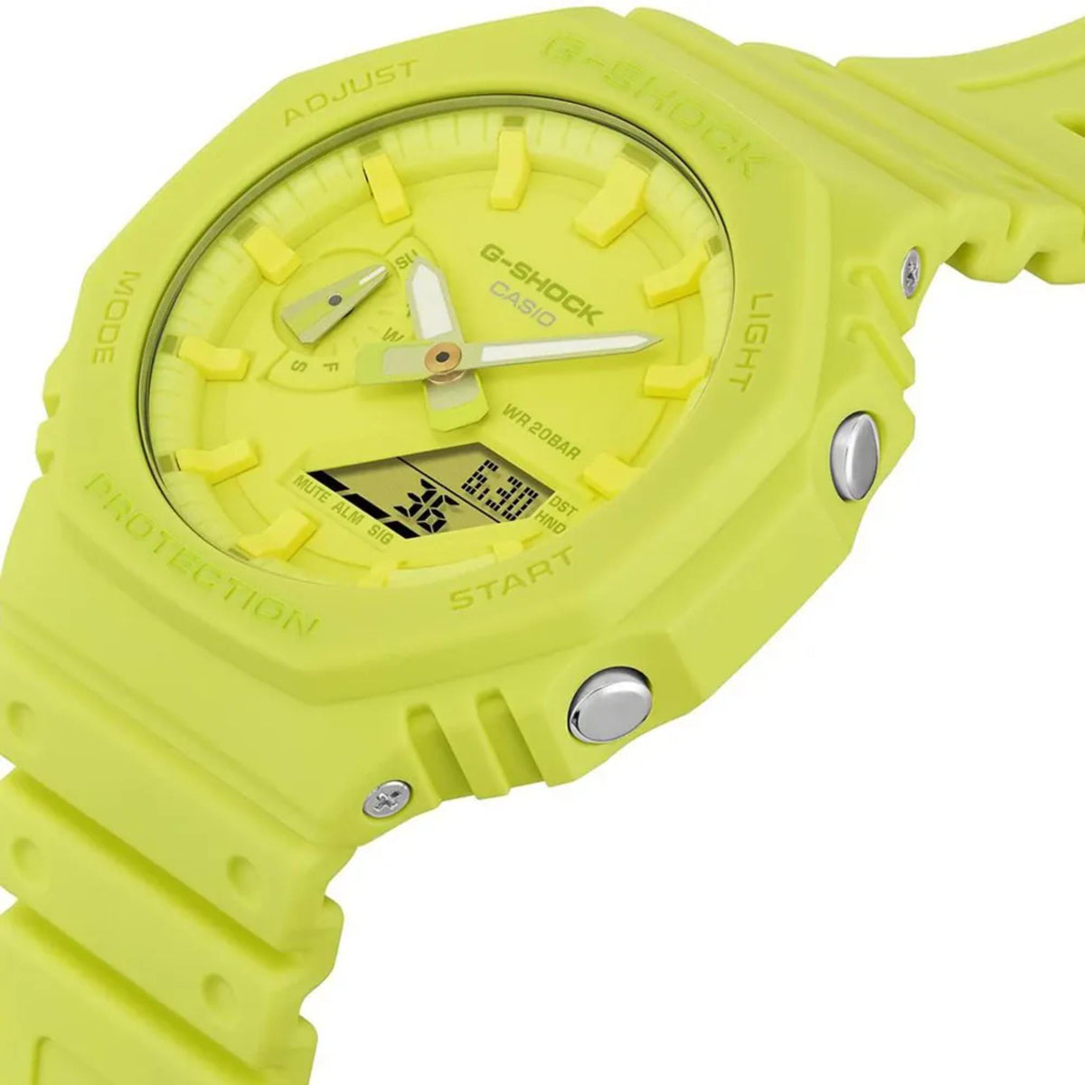 Yellow resin watch with analog dial and small digital display, angled view
