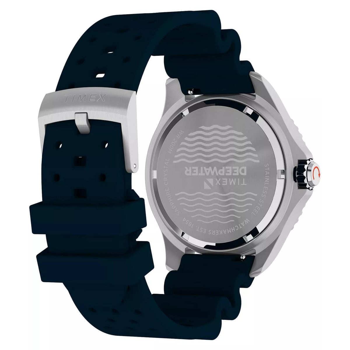 Angled back view showing stainless steel case details and dark blue rubber band