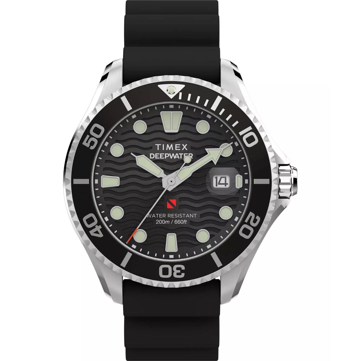 Timex 44mm quartz watch, black dial with date window, black rubber strap
