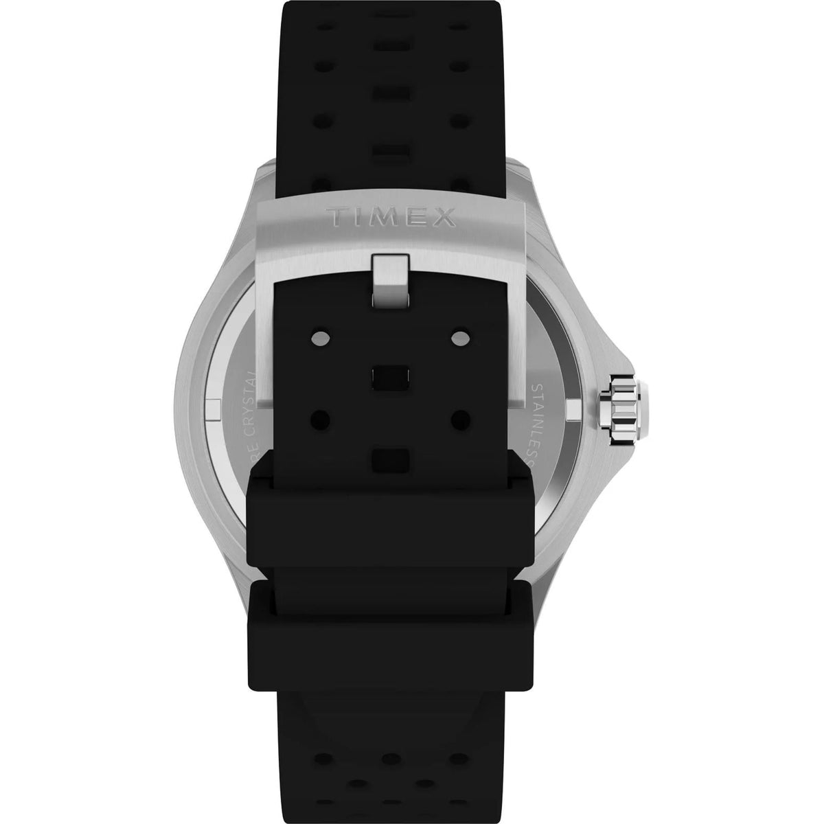Timex 44mm watch with black rubber strap and black dial, stainless case
