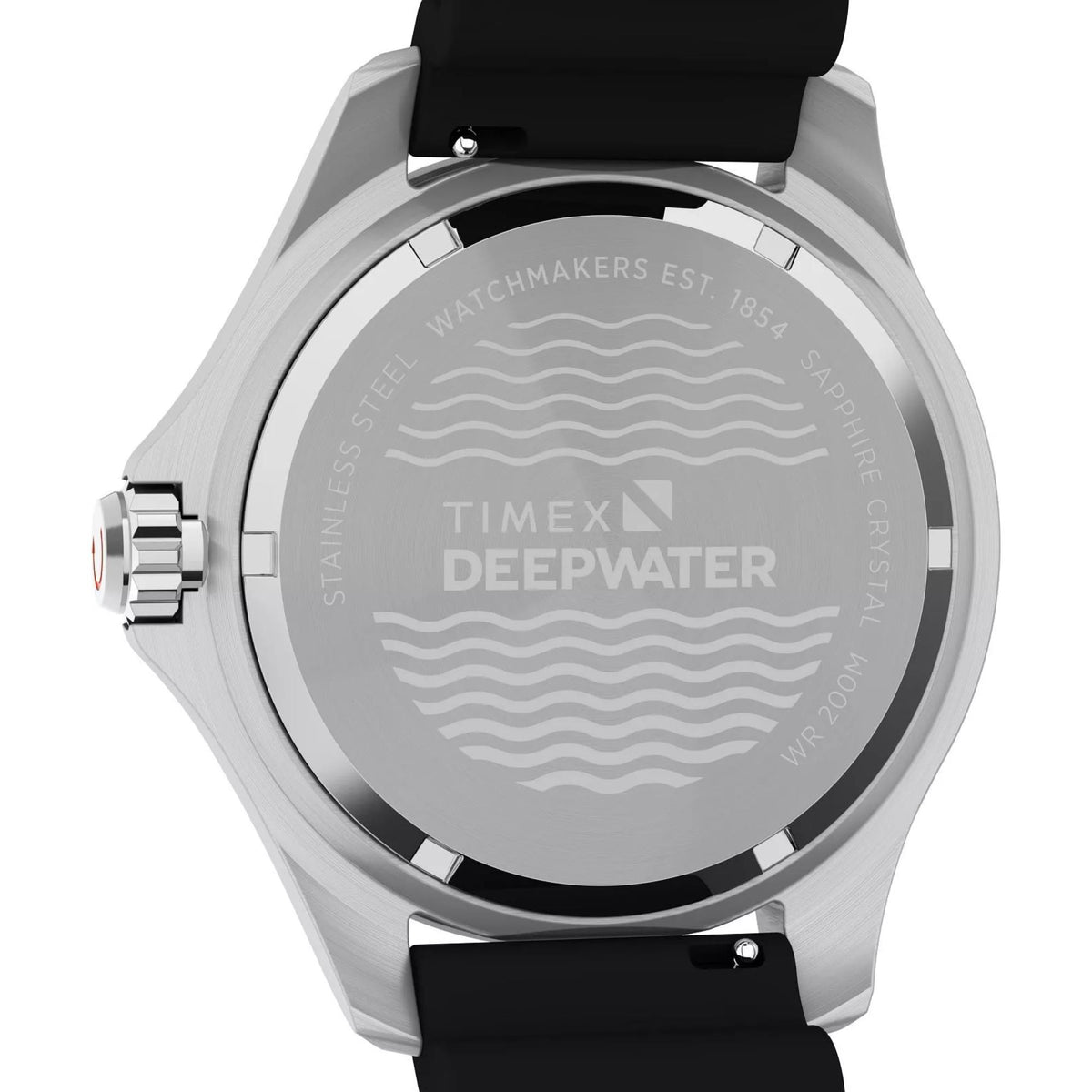 Timex Deepwater stainless caseback with wave design and black rubber strap