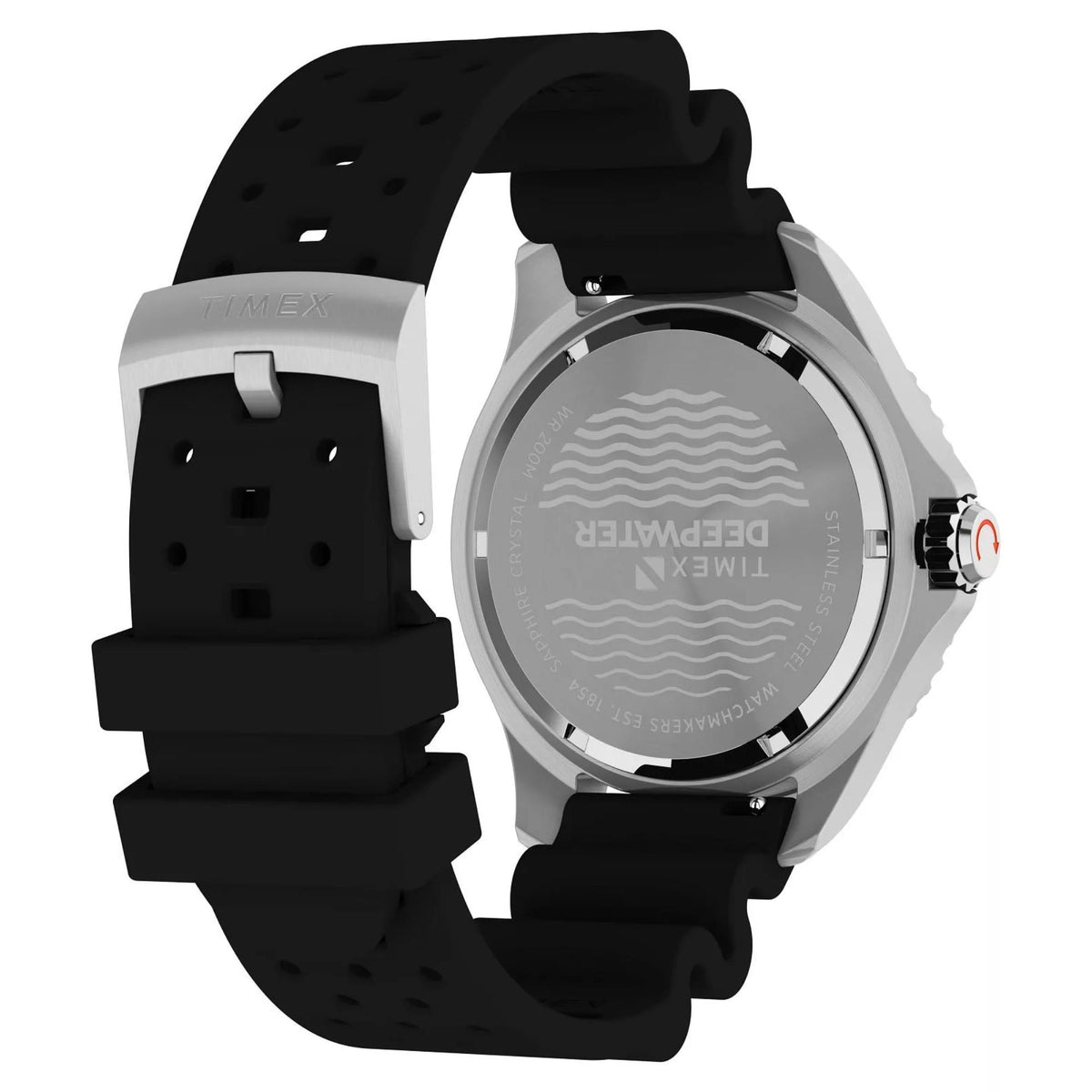 Timex watch with stainless case, black rubber strap, and red-accent crown