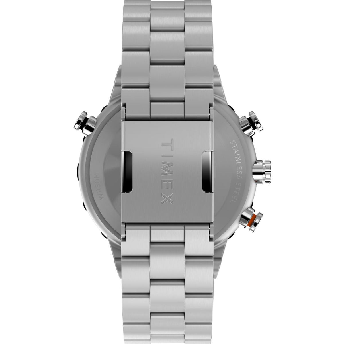 Men's steel quartz watch caseback view with screw features and metal bracelet links