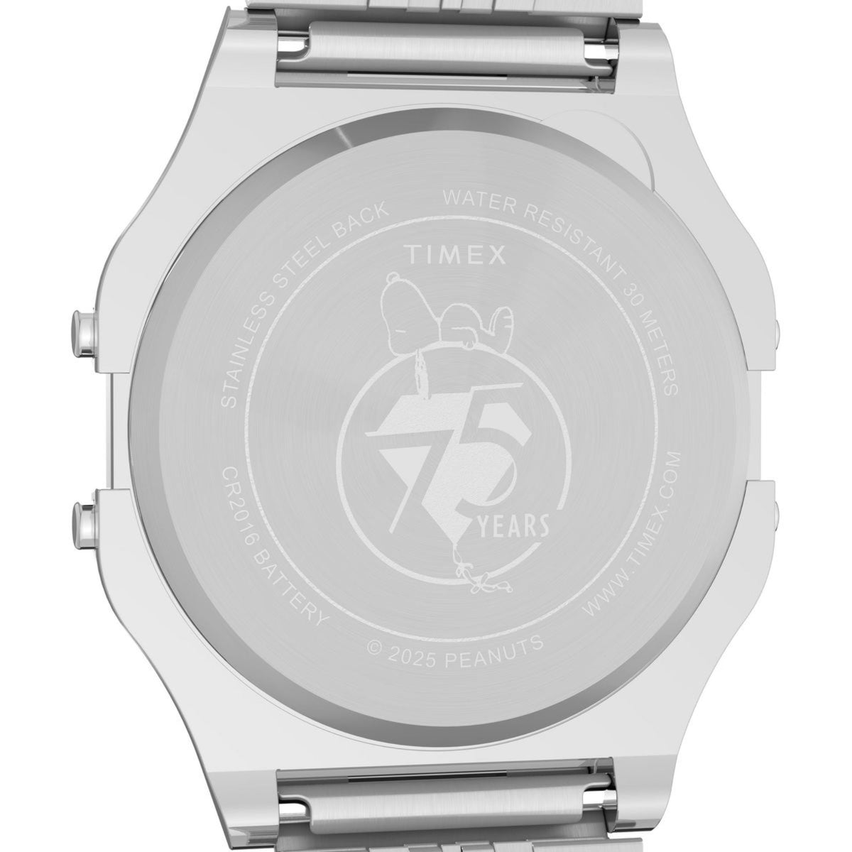 Stainless-steel digital watch case back with Snoopy 75 Years and water resistant text