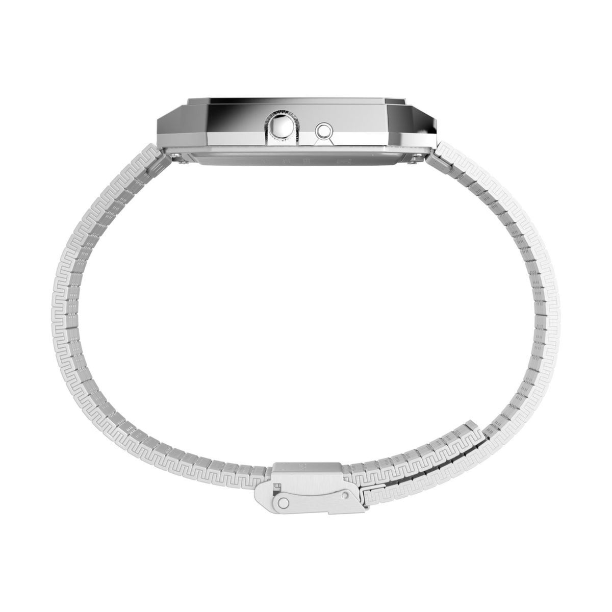 Stainless steel Timex watch with ribbed bracelet and rectangular case, black dial view