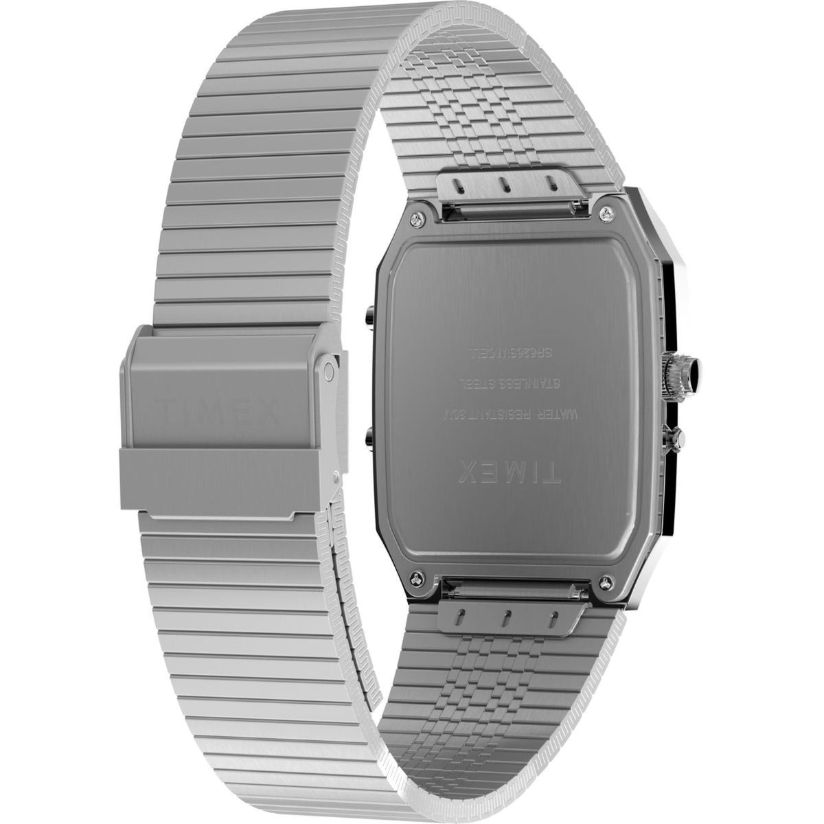 Stainless steel watch back view on ribbed bracelet, engraved certifications and screws