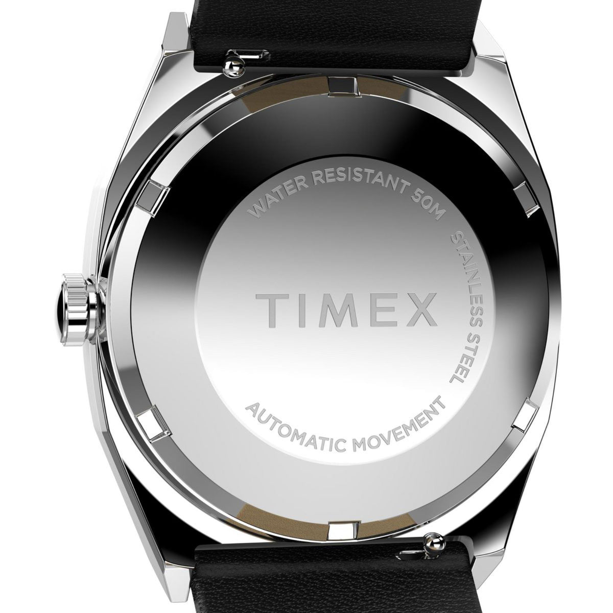 Timex automatic watch case back with water resistant text and black leather strap