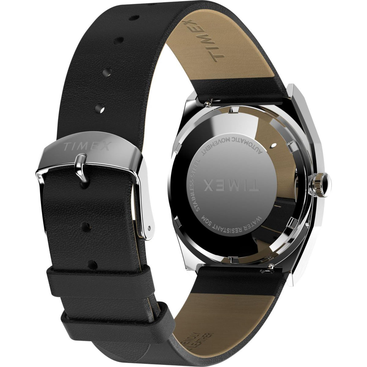 Timex automatic watch with black leather strap and round steel case side profile