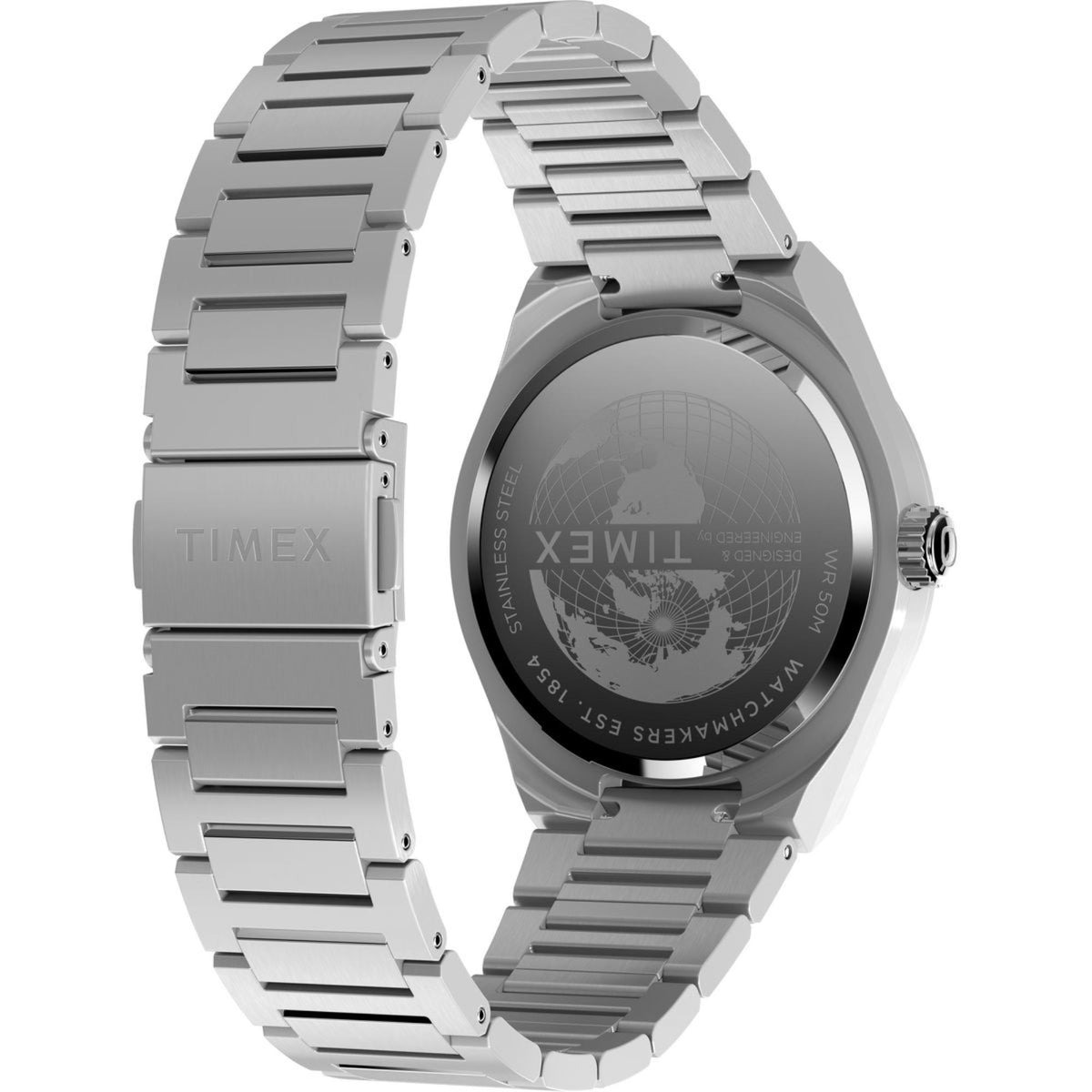 Stainless steel watch case with black bezel and crown on link bracelet