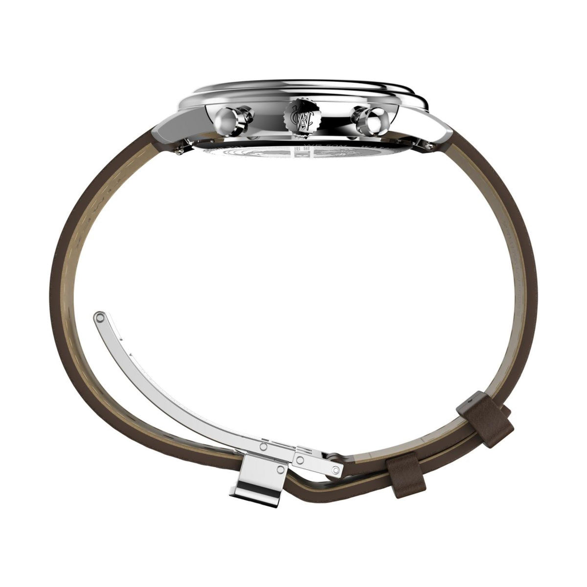 Silver watch case with dark brown leather strap underside and crowns, round profile.