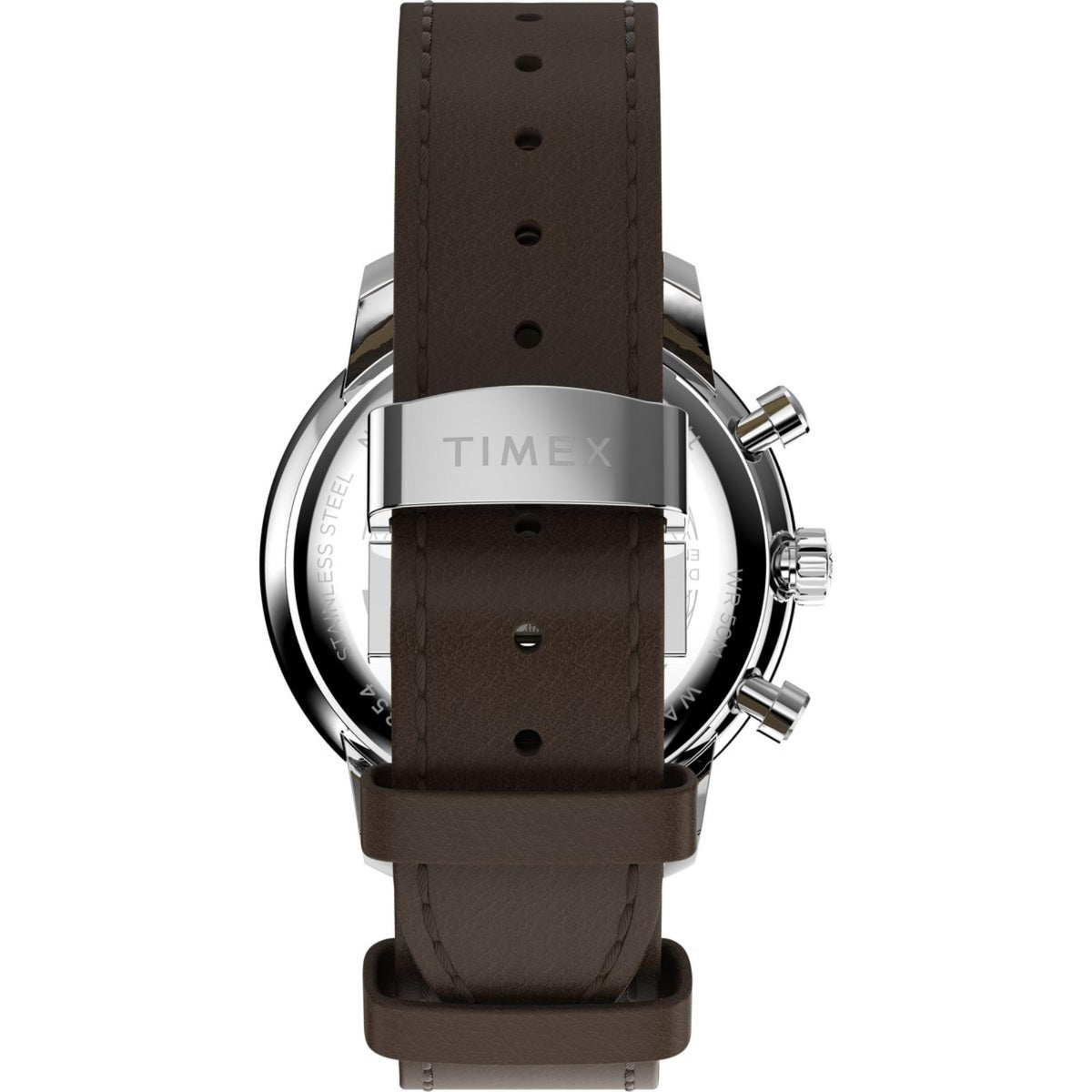 Quartz watch with dark brown leather strap and silver case, three side buttons visible.